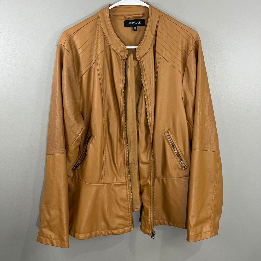 New Look Faux Leather Jacket Womens 2X Tan Great Quilted Biker Moto Peplum